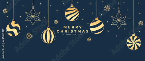 Luxury christmas and happy new year concept background vector. Elegant gold hanging bauble ball line art decorated with snowflake on dark blue background. Design for wallpaper  card  cover  poster.