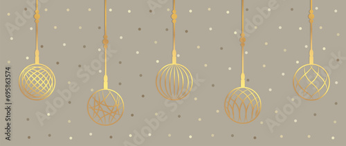 Luxury christmas and happy new year concept background vector. Elegant gold hanging bauble ball line art deco with snow on light background. Design for wallpaper, card, cover, poster.