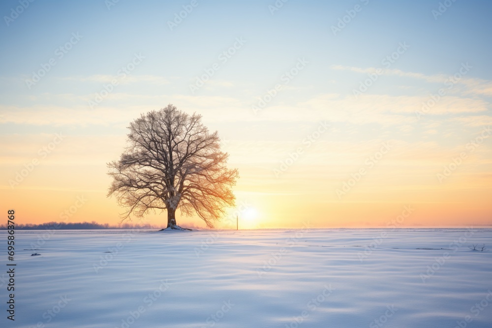 sunrise illuminating a snowy landscape with a tree silhouette sunrise illuminating a snowy landscape with a tree silhouette
