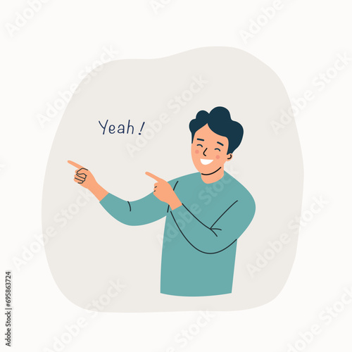 Young happy man show Yeah positive gesture, approval gesturing. Vector flat style cartoon  illustration.