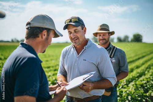 In this authentic and candid photo, an agricultural technician is seen actively collaborating with farmers in the field. Together, they work towards sustainable farming practices photo