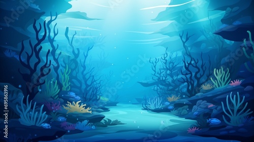 Sea bottom, Underwater world scene, ocean floor marine life background. Undersea with corals and seaweed, sea bottom, seabed vector illustration. game background