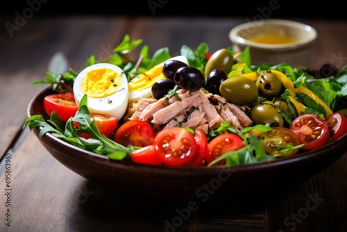 A traditional French Nicoise salad with a medley of fresh ingredients, served on a rustic table setting