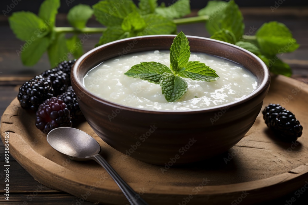 Creamy Dessert Delight: Tapioca Pudding Served in a Bowl with a Vintage Spoon Creamy Dessert Delight: Tapioca Pudding Served in a Bowl with a Vintage Spoon