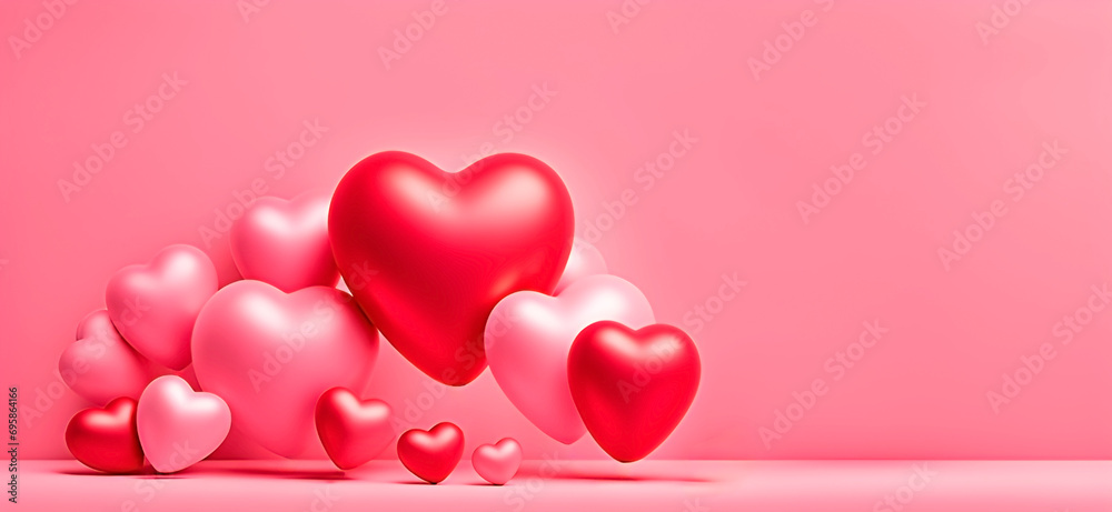 Valentine hearts on pink background in 3d render style. Design for Valentine's day.