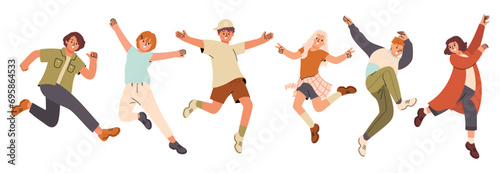Set of multicultural young people. Happy girls and boys with different pose, jumping, gesture, clothes . Happiness and friendship concept design for celebration, cover, print, ads, education.
