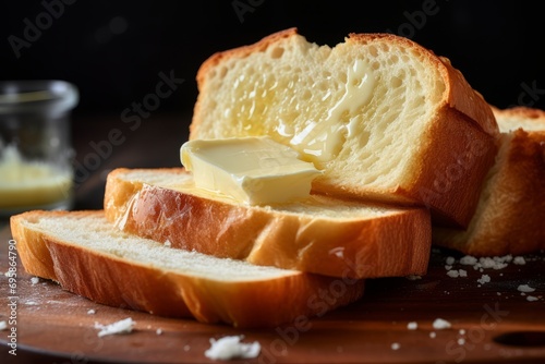 A captivating close-up of a warm loaf of bread with a slice of creamy butter melting on top, revealing its golden texture and irresistible flavor