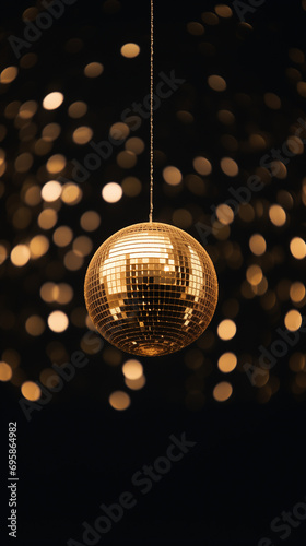Golden disco ball on the dark sparkling backround.