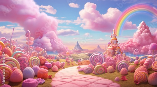 Colorful pastel candy landscape. pink castle or palace in the land of sweets. road among sweets and lollipops photo