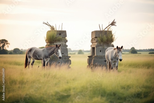 donkeys near an old stone well in an open field