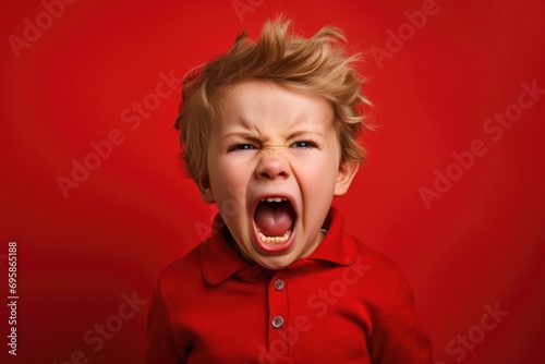 Upset boy in yellow t shirt screaming and crying with opened mouth and closed eyes against © Svetlana