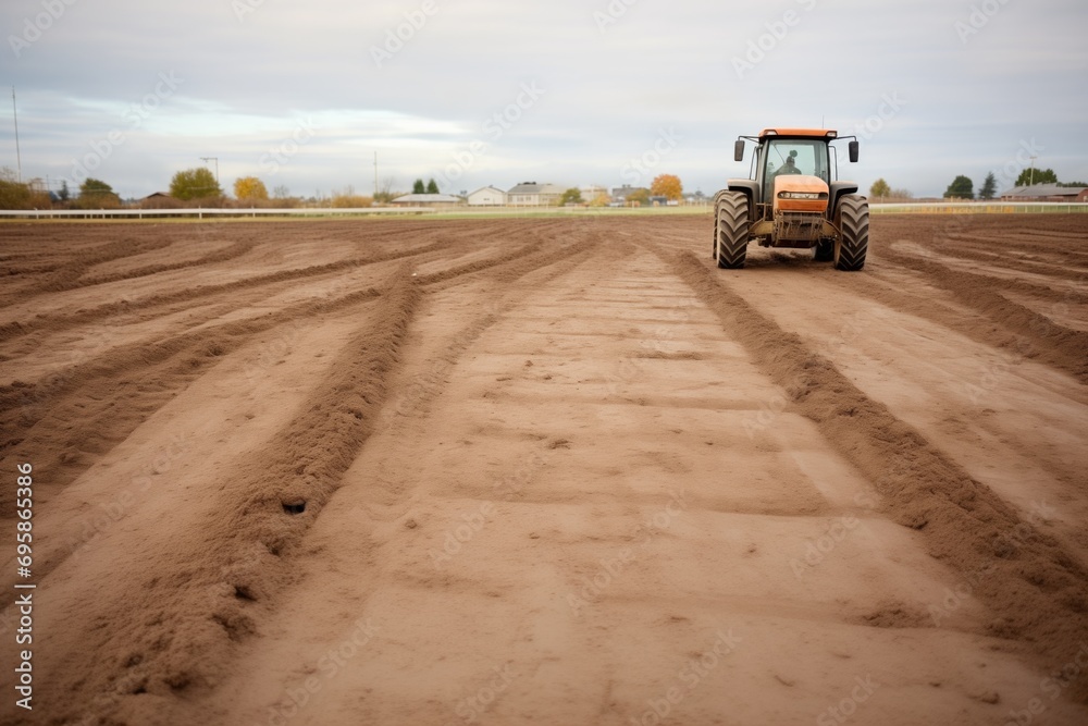 farm tractor tracks in damp earth