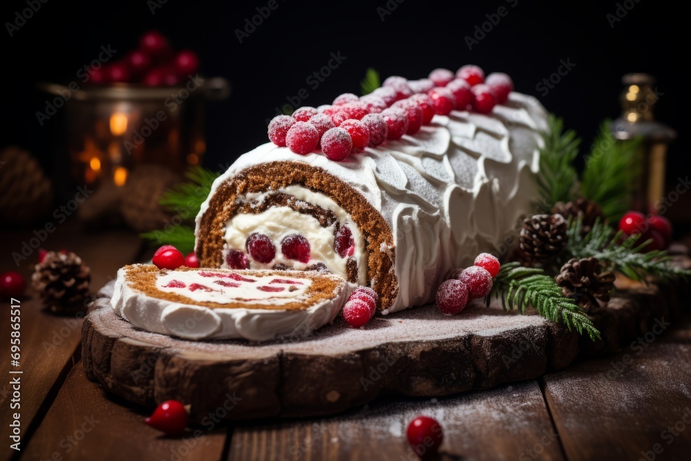 A festive Yule log cake, beautifully decorated with meringue mushrooms and powdered sugar, ready to add sweetness to a Christmas dinner