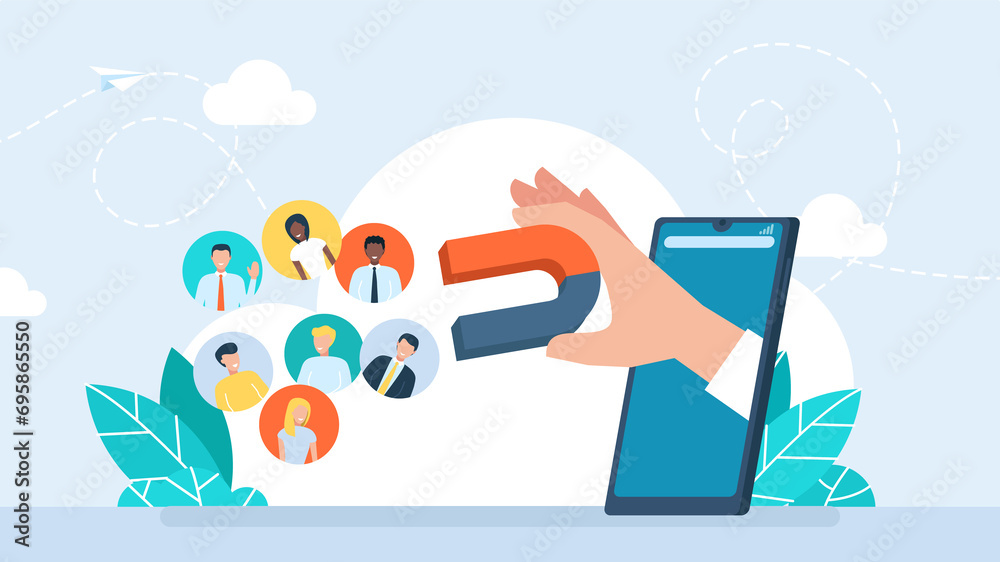 People being attracted by hand holding magnet into social media smartphone app. Lead generation. Smartphone with hand holding magnet attract new customers. Social media marketing. Flat illustration - obrazy, fototapety, plakaty 