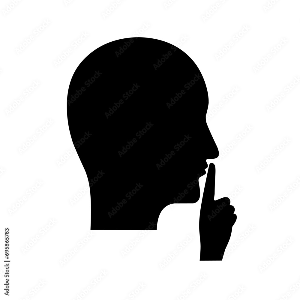Please be quiet and calm. Shhh gesture icon with black face and hands. Finger covering mouth on white background. Vector silhouette. Please be quiet and calm. Shhh gesture icon with black face and hands. Finger covering mouth on white background. Vector silhouette.