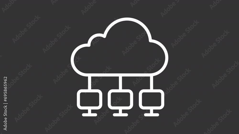 2D white simple thin line animation of cloud network icon, HD video with transparent background, seamless loop 4K video representing cloud computing.