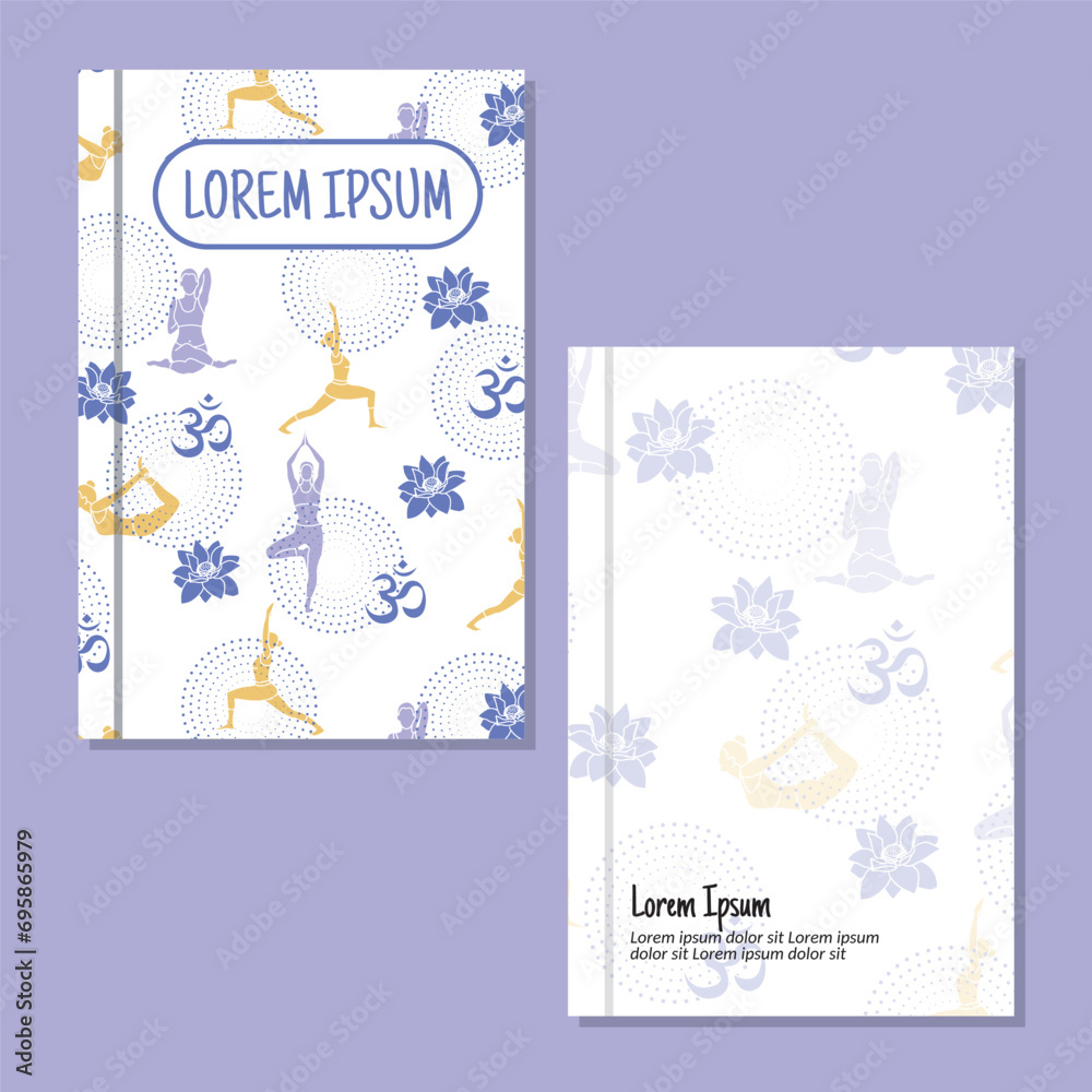 Cover page templates. women yoga poses pattern layouts. Applicable for notebooks and journals, planners, brochures, books, catalogs, etc. Repeat patterns and masks used, able to resize.