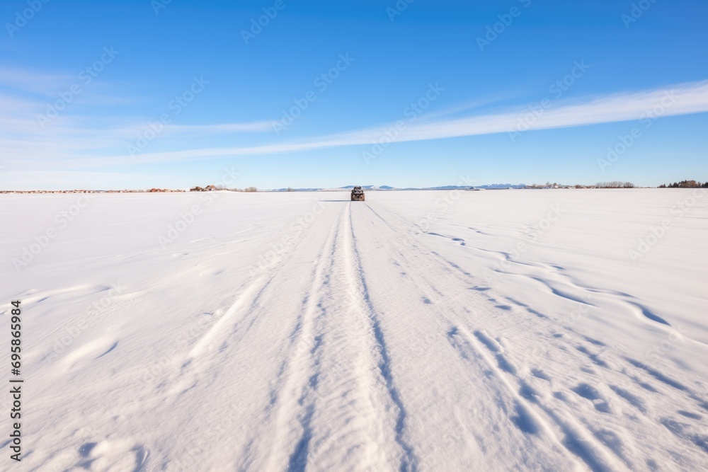 snowmobile tracks across a snowy open field