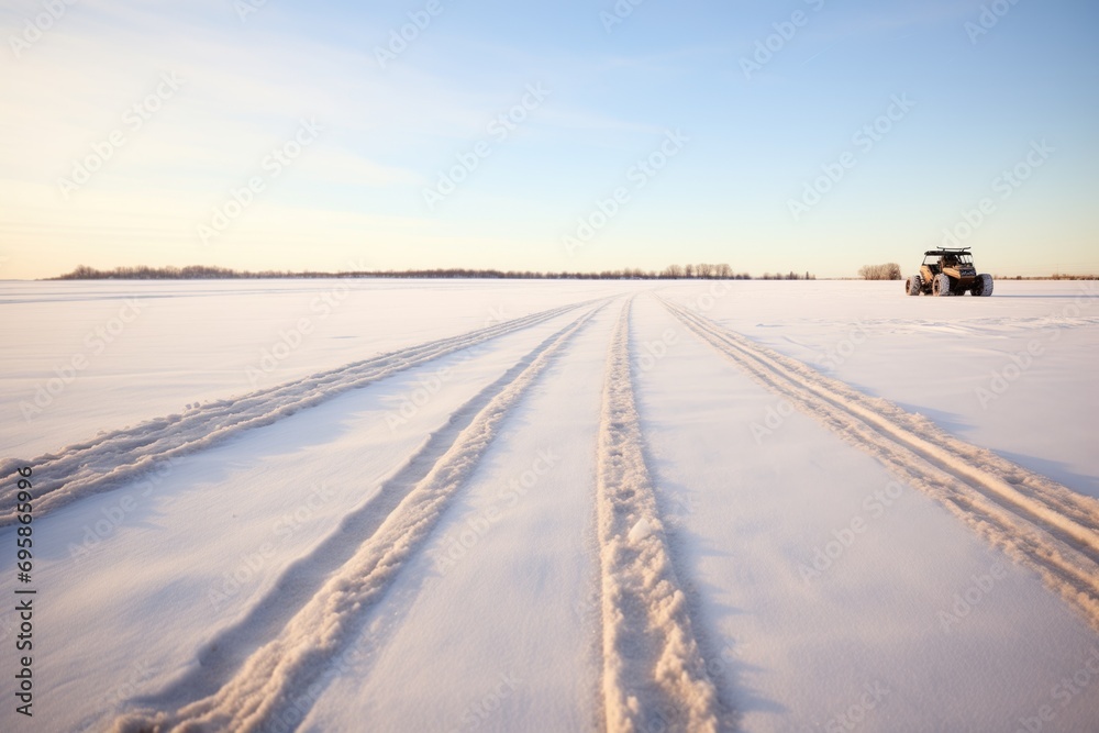 snowmobile tracks across a snowy open field