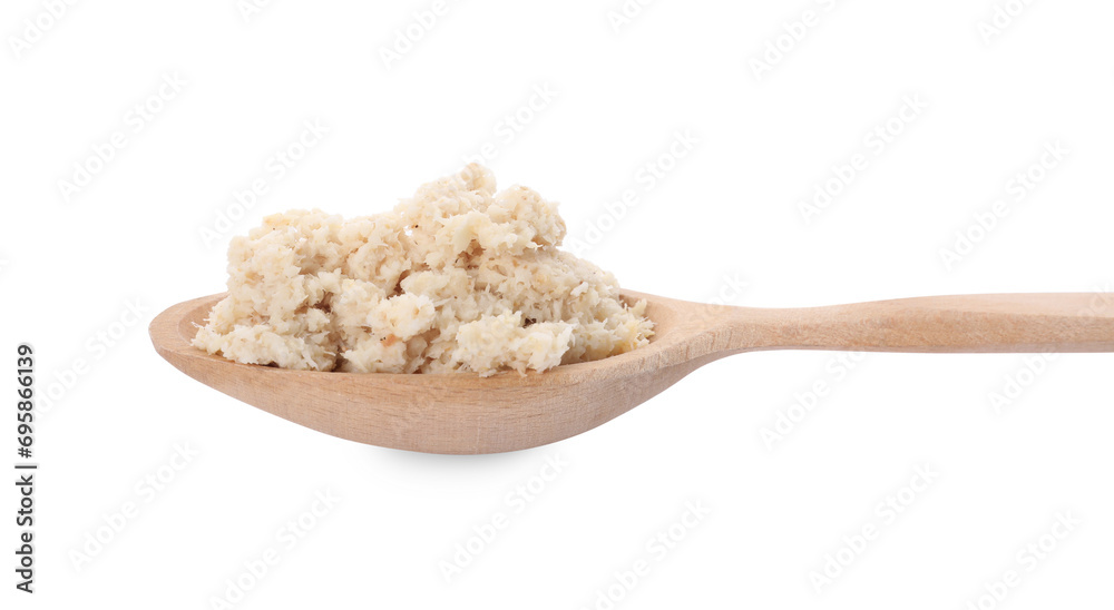 Wooden spoon with tasty prepared horseradish isolated on white Wooden spoon with tasty prepared horseradish isolated on white