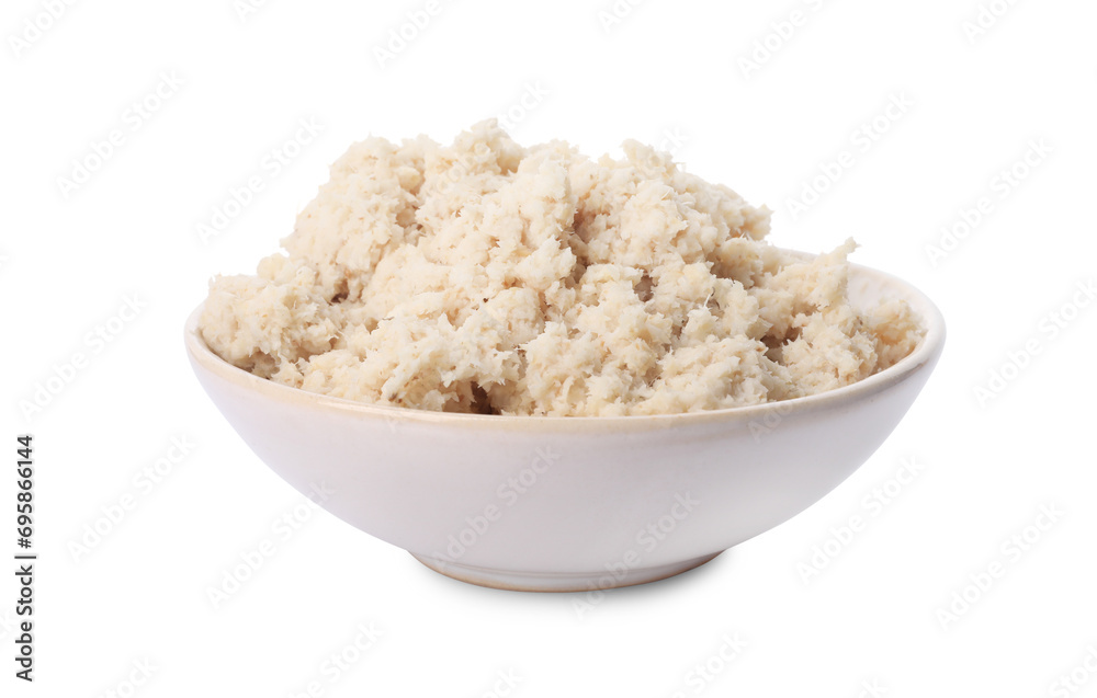 Bowl of tasty prepared horseradish isolated on white Bowl of tasty prepared horseradish isolated on white