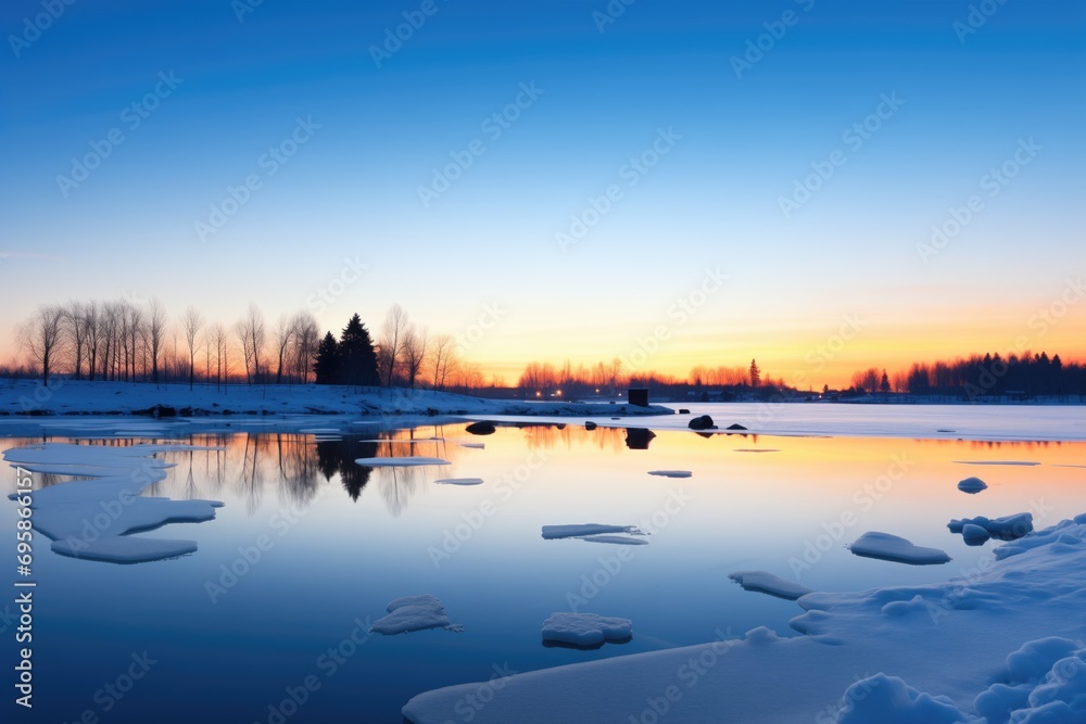 blue hour glow over a serene, ice-bound lake blue hour glow over a serene, ice-bound lake