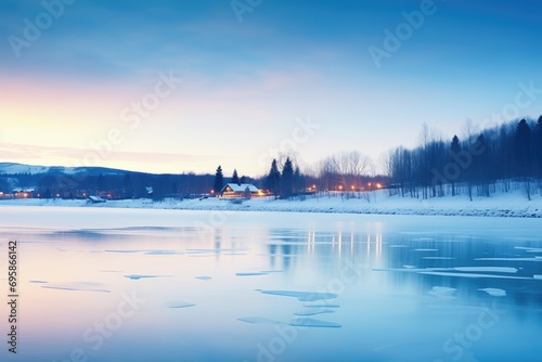blue hour glow over a serene, ice-bound lake © primopiano