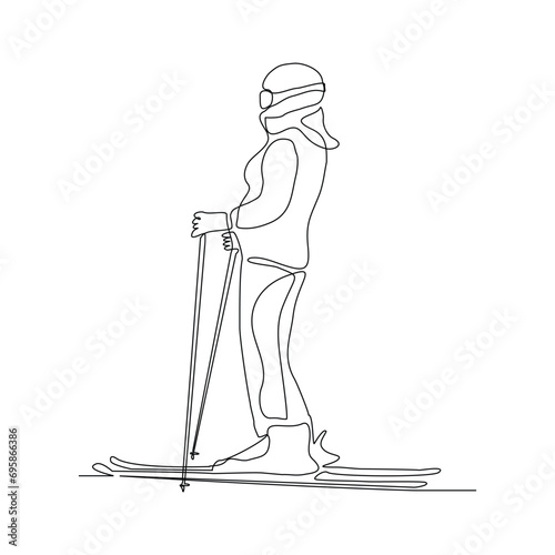 Continuous single line sketch drawing of woman skier snow ski down and jump the snowy mountain fast speed. One line of extreme sport snow ski vector illustration