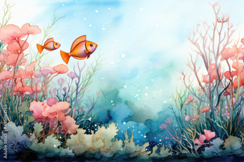 Watercolor image of coral reef, seabed and fish, pastel colors, minimal, blue background. Mock up.