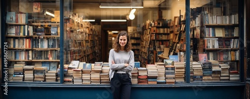 libraire qui prend la pose devant sa librairie pleine de livres neufs et d'occasion