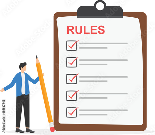 Rules and regulations, policy and guideline for employees to follow, legal terms, corporate compliance or laws, standard procedure concept, businessman finish writing rules and regulations document.

