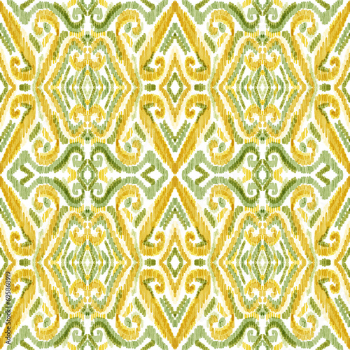 Colorful ikat pattern in vintage style. Elegant ethnic background. Hand drawn oriental art. Seamless geometric vintage texture.	