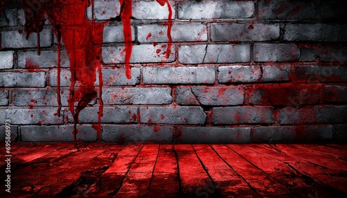 bloody background scary on damaged grungy crack and broken concrete bricks wall and floor concept of horror and halloween