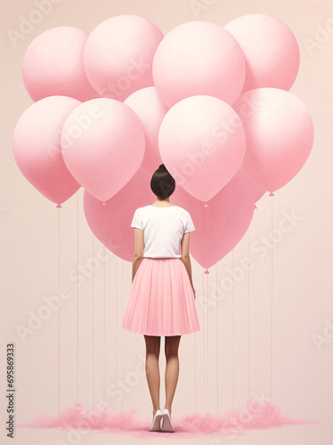 Girl in white dress standing with pink heart shapes baloons on pink background.