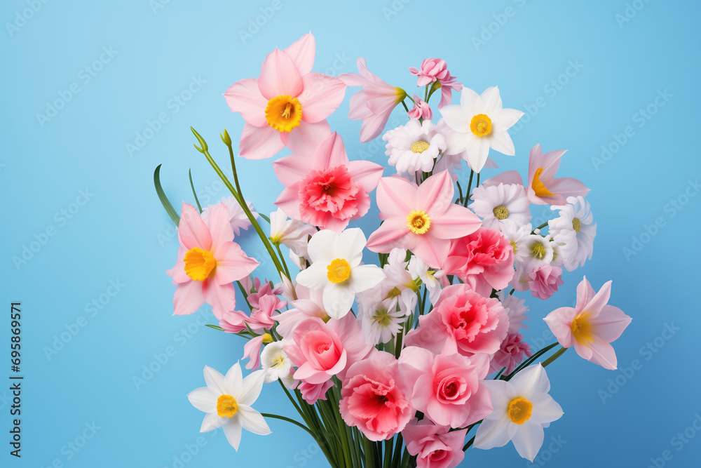 Bouquet of spring flowers on blue background.