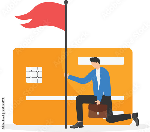 Credit card debt compromise, accept failure and negotiate with debtor concept, struggle bankruptcy man surrender carry and waving the white flag behind big credit card debt.

