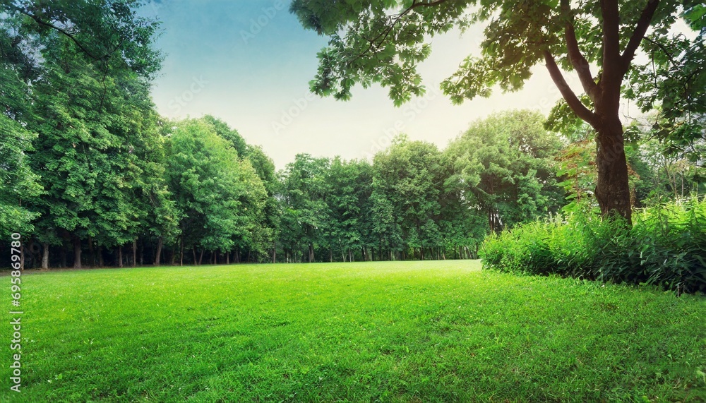 green lawn and trees background with copyspace nature background concept generative ai