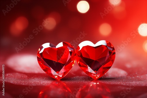 two shiny crystal red hearts on a red bokeh background for Valentines Day