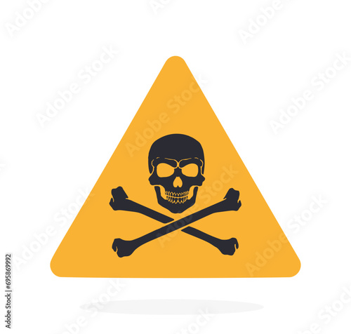 Danger symbol with skull and crossbones. Vector illustration. Triangular caution danger sign. Warning symbol. Flat icon isolated on white background