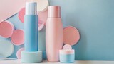 delicate pale pink and blue cosmetics packaging container for skincare fragrance or toiletry industries on pastel background beauty product mock up store shelf generative ai technology