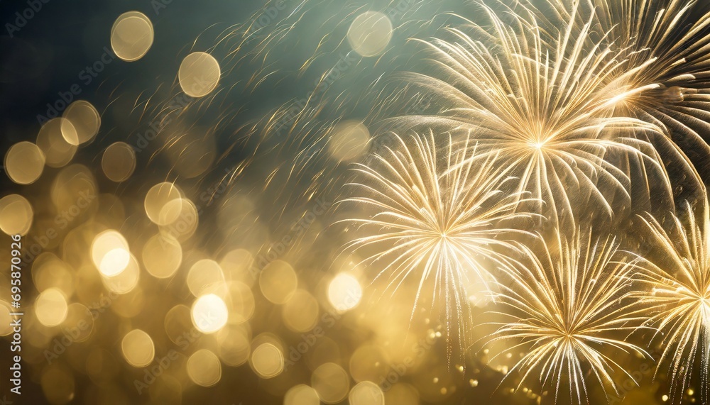 defocused gold fireworks and bokeh at new year and copy space abstract background holiday