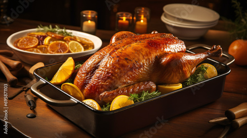 Roast duck in a baking dish on a wooden table