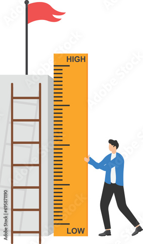 Business success measurement, how far from business goal and achievement or growth metric analysis concept, smart businessman using measuring tape to measure and analyze distance from target flag.

