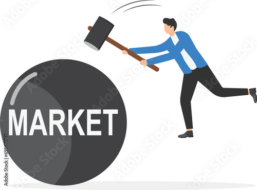 Beating the stock market, investors or active funds who win and earn more than stock market return concept, businessman investor or fund manager holding hammer to hit trying to beat the word Market.

