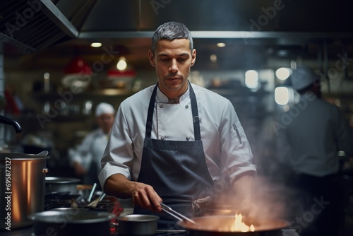 A candid portrait of a chef cooking in a kitchen, with a blurry backdrop of the restaurant’s dining room. Use a Canon EOS R5 camera with a 100mm lens at F 1.2 . Generative AI photo