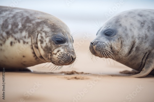 pair of seals nose-to-nose on beach