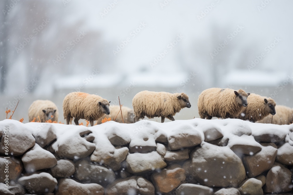 sheep cluster by stone wall during snowfall sheep cluster by stone wall during snowfall