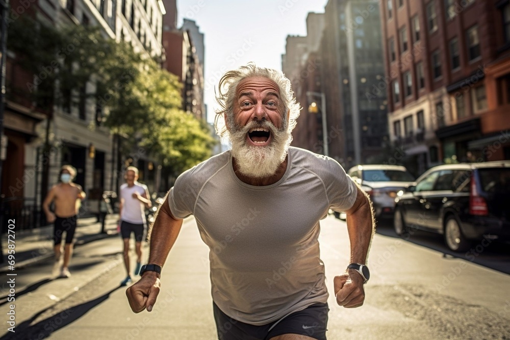 An elderly man with an athletic figure runs down the street in a noisy area of the city. An atmosphere of joy, freedom and elegance