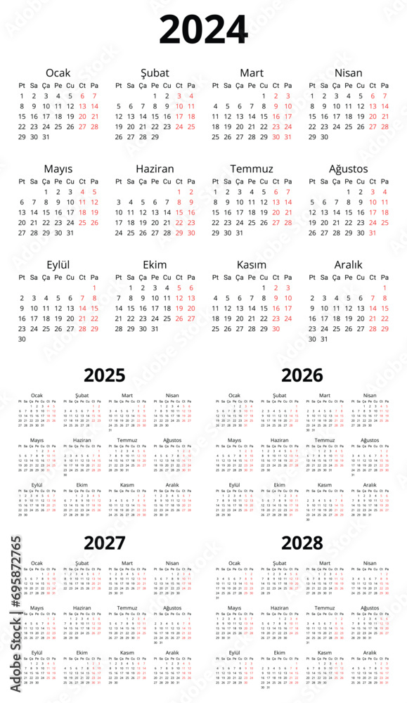 2024, 2025, 2026, 2027, 2028 vertical turkish calendars. Printable