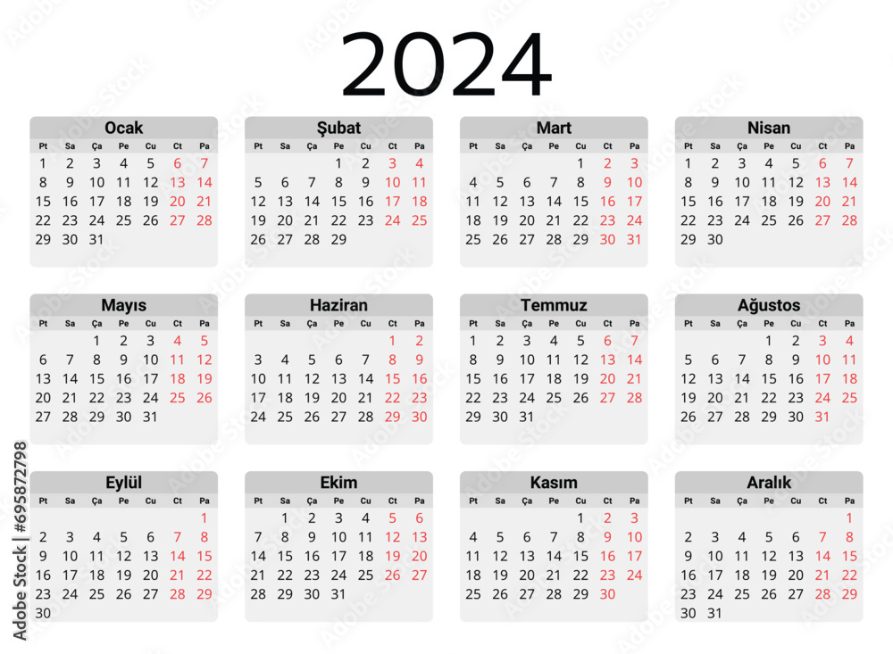 TURKISH calendar for 2024. Printable, editable vector illustration for Turkey TURKISH calendar for 2024. Printable, editable vector illustration for Turkey